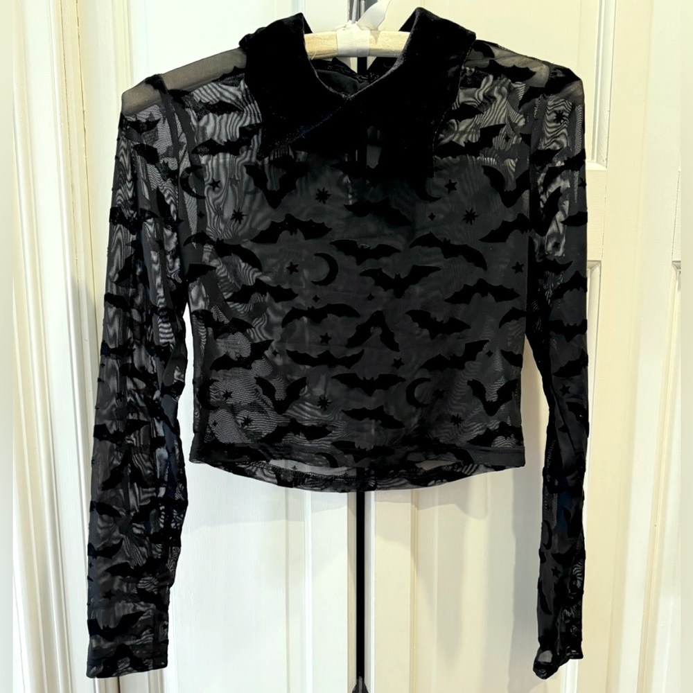 Enz's NYC Sheer Bats and Moon Crop Top with Velvety Collar